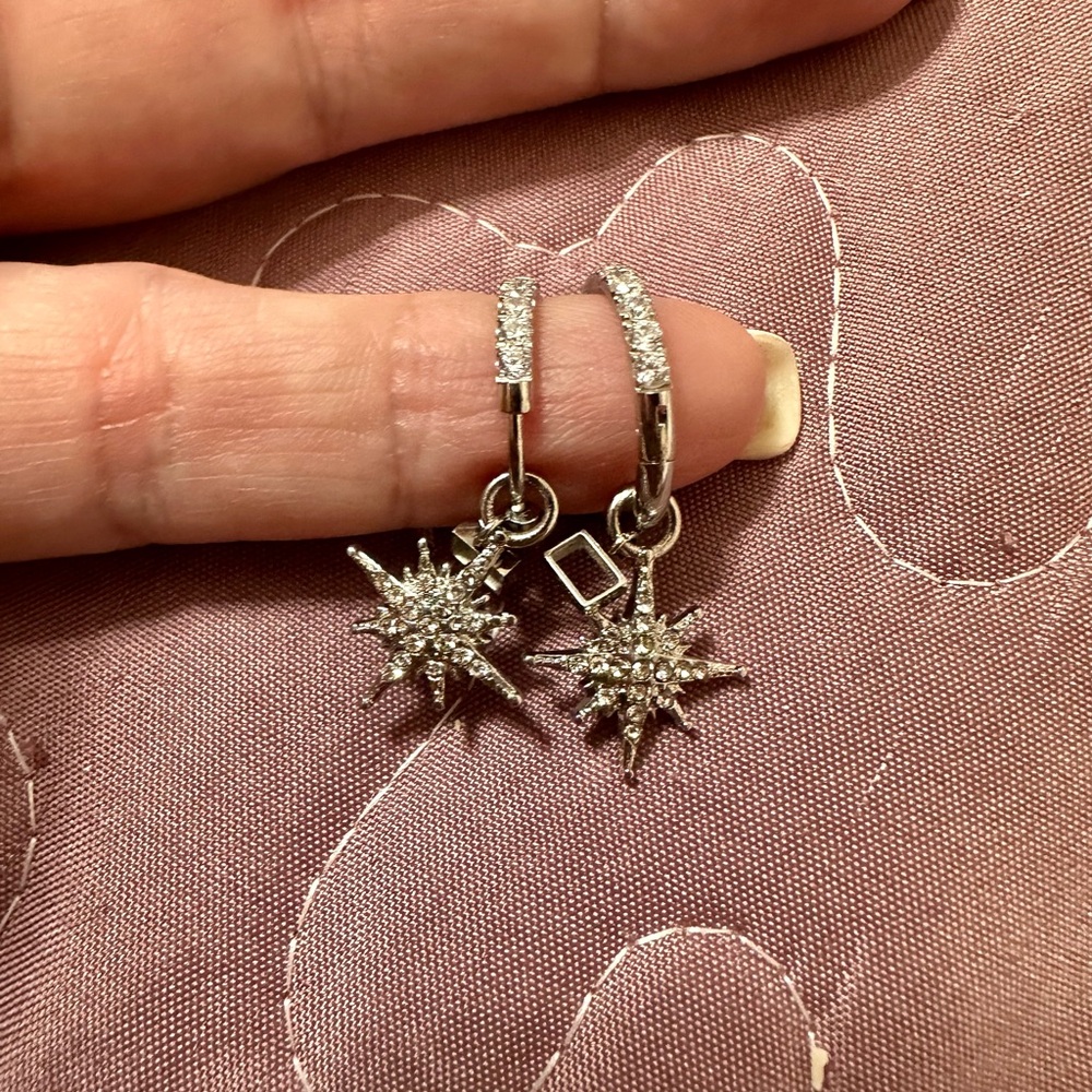 Silver Pave Starburst Dangle CZ Encrusted Huggie Earrings